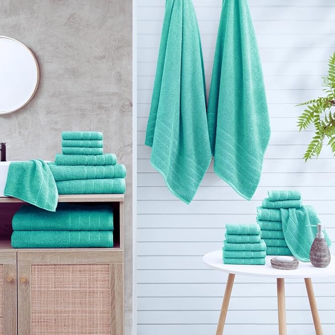 Casa Platino 100% Cotton Towels for Bathroom – 24 Pc Set – Quick Dry, Soft & Absorbent Ring Spun Terry Fabric, Full Set for Family & Guests, Hotel Feel Everyday – Aqua Sky