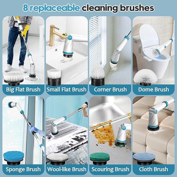 1500RPM Electric Spin Scrubber, 8 Brush Heads Electric Scrubber for Cleaning, Shower Scrubber with Long Handle and Two Battery, High Power Scrubber with Display for Bathroom/Tub/Floor