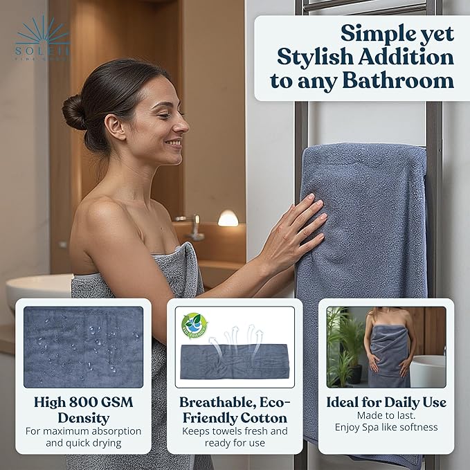 Soleil Fine Goods Luxurious 800 GSM 100% Cotton Bath Towel Set (4-Pack, 27x54) - Heavyweight & Ultra Absorbent, Plush Softness for Bathroom | Hotel & Spa Quality Luxury Towels- Blue Grey