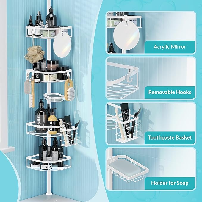 Shower Caddy Tension Pole, 4-Tier Adjustable Corner Shower Standing Caddy, Rustproof Shower Rack for Bathroom Bathtub, with 4 Shelves, No Drilling Shower Shelf for Inside Shower (White)