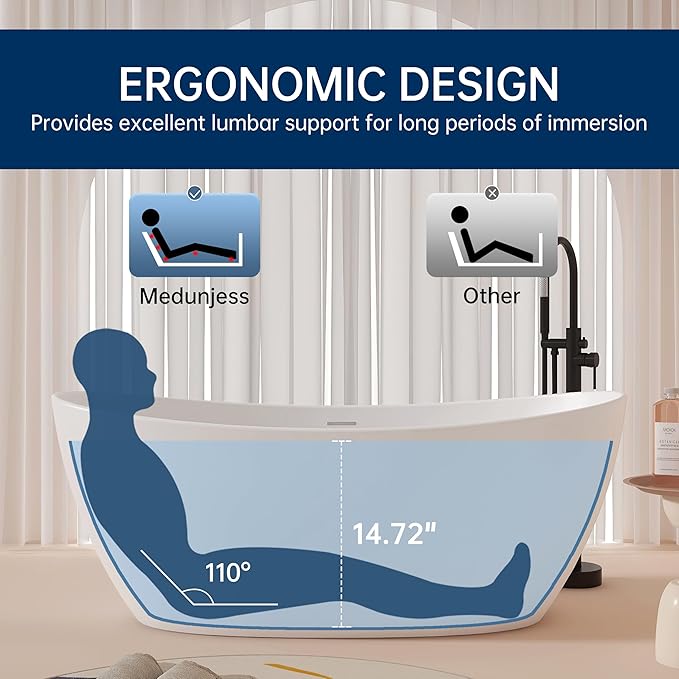 55'' High-back Freestanding Solid Surface Resin Stone Bathtub, Freestanding Tub, Contemporary Design Stand Alone Tub with Pop-up Drain and Overflow, Matte White (Oval)