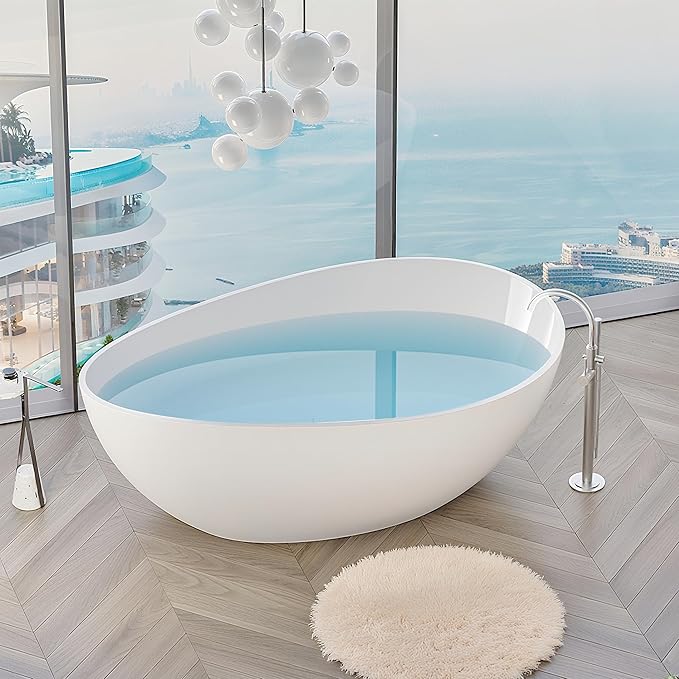 63" Freestanding Solid Surface Bathtub - Engineered Stone Resin Soaking Tub with Overflow & Pop-Up Drain, cUPC Certified Glossy White, 73-Gallon Capacity Deep Soak Tub Wavy for Modern Bathrooms
