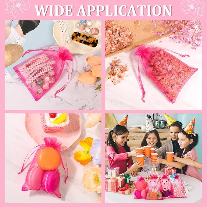 Hopttreely 100pcs Organza Drawstring Gift Bags, 4 x 4.72 inch Mesh, Hot Pink Satin Pouch Wedding Party Favor Bags