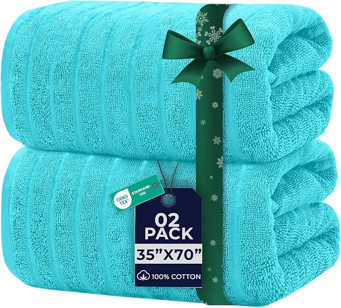 DAN RIVER Pack of 2 Bath Sheet 35x70 Inches, Ribbed Jumbo Bath Sheets for Adults, Thick and Absorbent Large Towels - Aqua