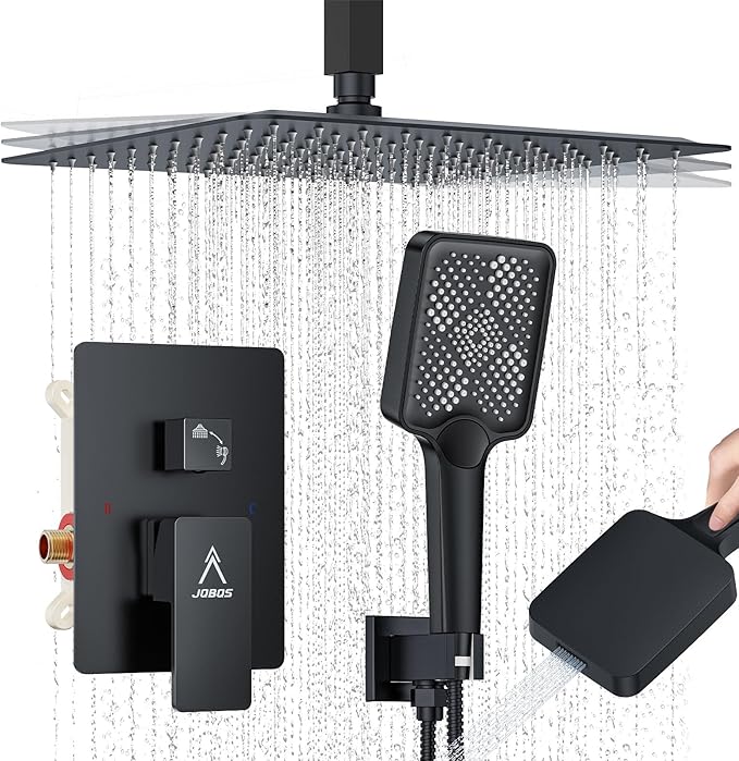 Rain Shower System 12IN Modern Brass Faucet Set With Valve and Diverter Shower Mixer With Handheld High Pressure Square Rainfall Shower Valve (12'' Ceiling Mount, Matte Black)