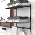 Adjustable 16.9–28" Matte Black Towel Rack for Bathroom SUS304 Stainless Steel 2-Tier Shelf with Extended Bar & 4 Sliding Hooks, Adhesive or Screw Mount, Bathroom/Over-Toilet Organizer