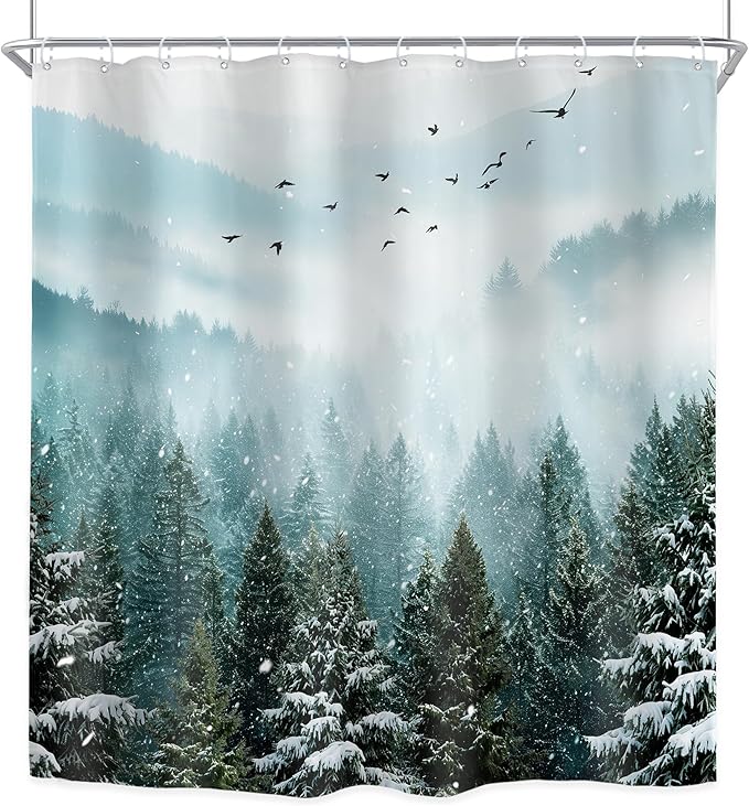 Riyidecor Green Mountain Shower Curtain 72Wx72H Inch Winter Snowy Rustic Sage Scenery Misty Landscape Foggy Christmas Pine Tree Wood View Bathroom Decor Fabric Polyester Waterproof 12 Pack Hooks