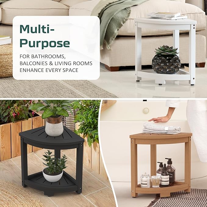 Waterproof Corner Shower Stool for Inside Shower, Poly Lumber Shower Bench Seat Chair, Bath Shower Stool for Shaving Legs Foot Rest with Storage Shelf, Adjustable & Non-Slip Feet, Black