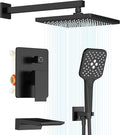 Gabrylly Shower System with Tub Spout, Wall Mounted Tub Shower Faucet Set for Bathroom with High Pressure 10" Rain Shower head and 3-Setting Handheld Shower Head Set, Matte Black
