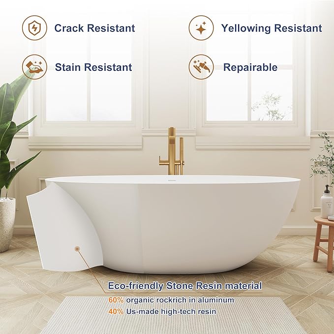 SJ STAR&JANE 69" Solid Surface Freestanding Bathtub,Matte White Stone Resin Soaking Tub, Modern Stand Alone Tub for Bathroom, Integrated with Overflow & Pop-up Drain