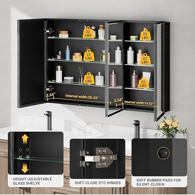 48x30 Black Medicine Cabinet with Mirror, Surface or Recessed Pre-Assembled Medicine Cabinet Mirror for Bathroom, Aluminum Beveled Frame Bathroom Vanity Mirror with Adjustable Shelves Storage