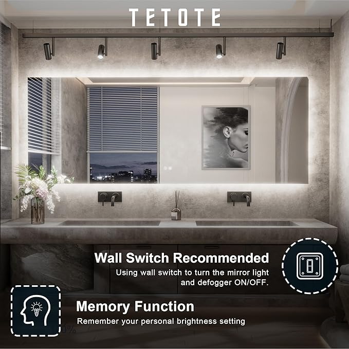 TETOTE 84 x 32 Inch LED Backlit Bathroom Mirror with Lights,Anti-Fog,Dimmable Lighted Mirror(Horizontal/Vertical) Wall Mounted Vanity Mordern Mirror