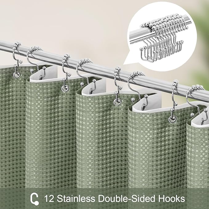 3 in 1 Long Shower Curtain Set-72 W x 78 H, Sage Green Waffle and PEVA Liner Set with 12 Stainless Steel Hooks, Waterproof Fabric for Bathroom