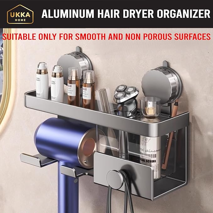 Suction Cup ALUMINUM Hair Dryer Storage Organizer with Shelf & Hooks for Bathroom. Reusable, Rustproof, No Drill, No Tools. Multifunctional, Hang Towel, Loofah, Sponge (2 Cups, Gray)