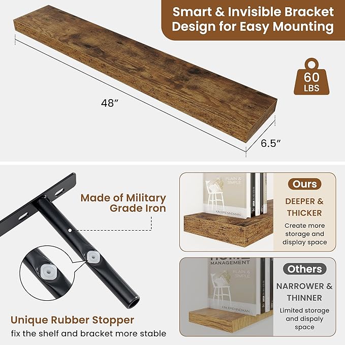 fuqing Floating Shelves for Wall, Wall Mounted Wood Floating Shelf with Invisible Brackets for Living Room, Bathroom, Bedroom, Kitchen Storage and Decor, 48 Inch Set of 2, Rustic Brown