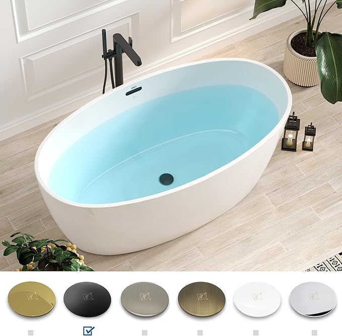 FerdY Tahiti 59" Acrylic Freestanding Bathtub, Elegant Oval Shape Soaking Bathtub, Glossy White, Matte Black Drain & Matte Black Overflow Assembly Included cUPC Certified