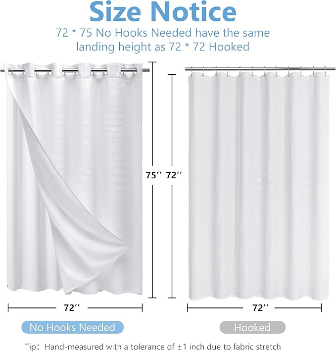No Hook Waffle Weave Shower Curtain with Snap-in Fabric Liner,256GSM Heavy Duty Fabric Shower Curtain Set,White Waterproof Washable Luxury Shower Curtain for Bathroom Stall (72x75 Inch)