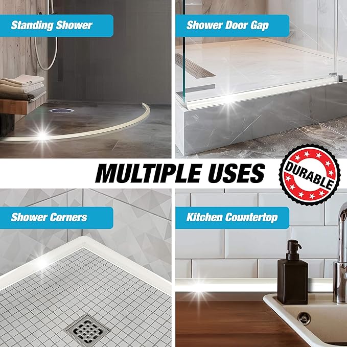 Shower Threshold Water Dam Barrier - White Collapsible Shower Water Blocker - Guard for Walk in Shower - Water Guard Stopper for Floor - Shower Door Water Blocker - By Hippo Dam (65 In, White)