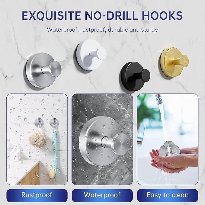 luckin smile Suction Cup Hooks for Shower, No-Drill Removable Towel Hook for Bathrooms, Shower Hooks, Suitable for Bathrooms, Kitchens, Windows, Glass, Powerful Suction Cup Hook (2, Silver)