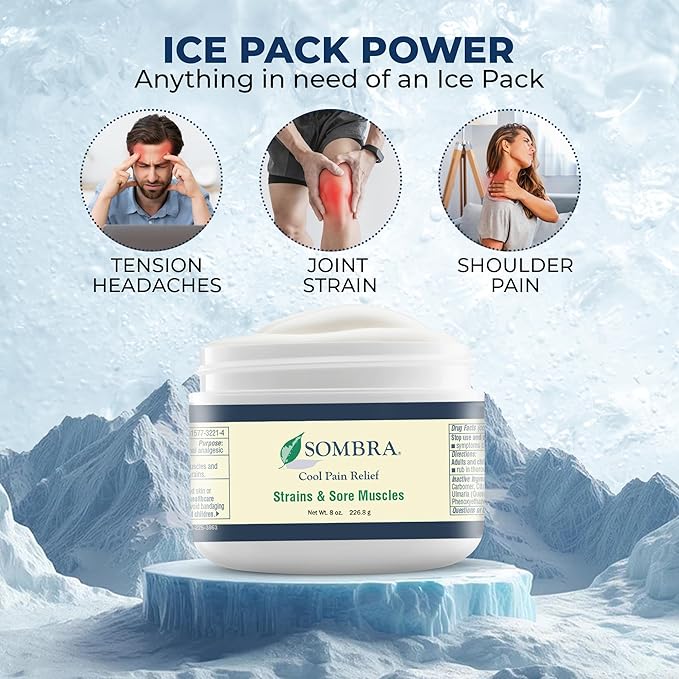 Sombra Cool Pain Relief Gel Cold Pain Relief for Swelling, Growing Pains, Soreness, Post-Workout, Vegan Formula Free of Artificial Fragrances, Dyes, NSAID, Wax, Petroleum, Alcohol - 8oz Jar