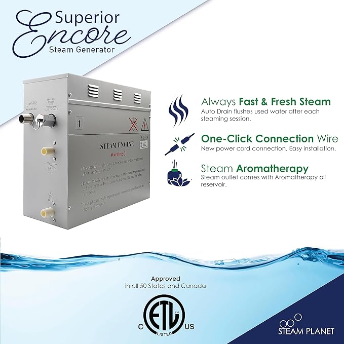 Superior Encore Plus 24 kW Steam Shower Generator Kit with Horizontal White Keypad & Aromatherapy Oils Set |Self-Draining Steam Generator|One-click Connection Cord|Bluetooth Audio|