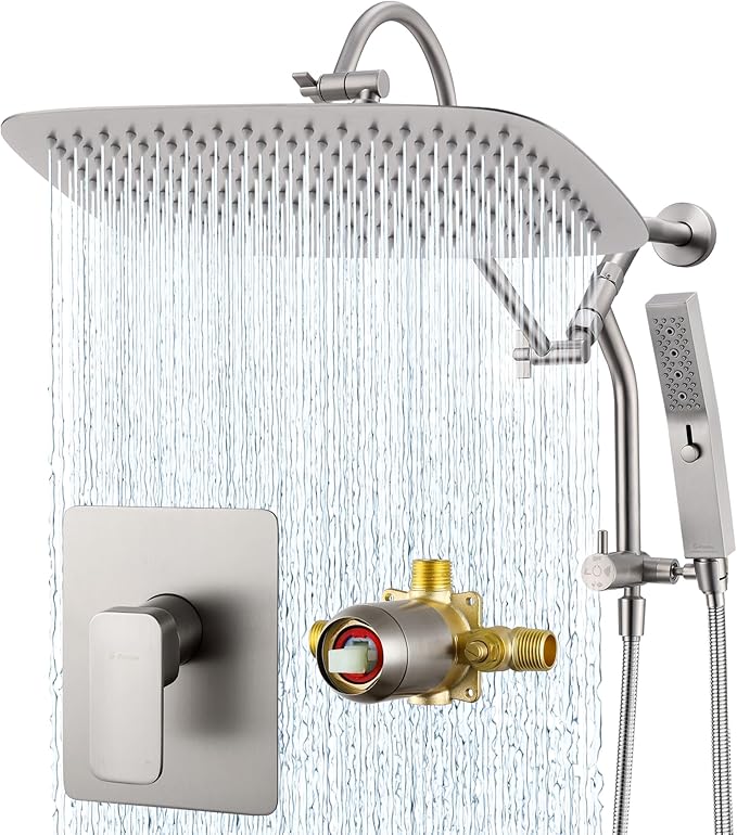 G-Promise 14 Inches Shower Faucet Sets Complete, All Metal Rainfall Shower Head and Handle Set, Extended Downward Diverter, Extension Arm and Pressure Balance Rough-in Valve Included