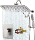 G-Promise 14 Inches Shower Faucet Sets Complete, All Metal Rainfall Shower Head and Handle Set, Extended Downward Diverter, Extension Arm and Pressure Balance Rough-in Valve Included