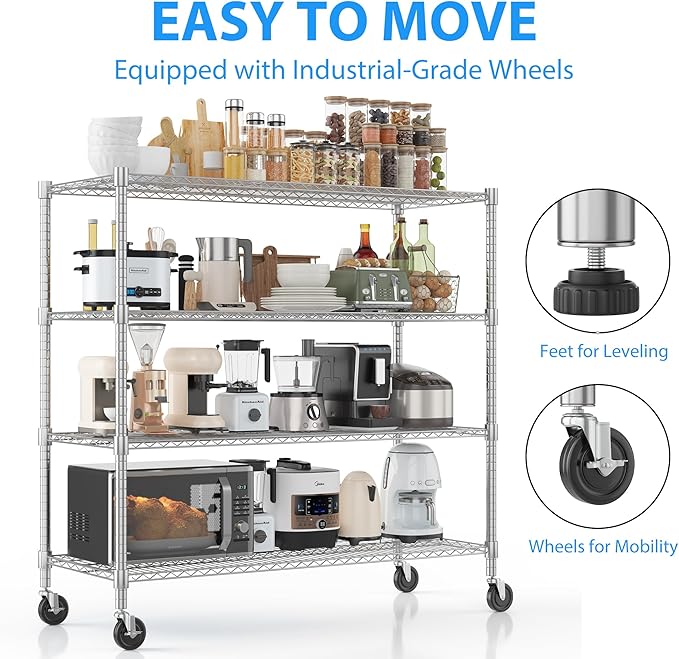 Homdox Heavy Duty Metal Shelves for Storage, 4 Tier Storage Racks and Shelving, Commercial Adjustable Wire Shelving Unit on Wheels, Garage Rack Pantry Shelves Kitchen Shelving, 18"x48"x72", Chrome