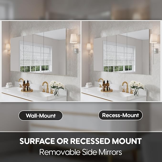 WELLFOR 64" x 30" Rectangle Medicine Cabinet Mirror, Surface Mount or Recessed Medicine Cabinet with Tempered Mirror, Anodized Chrome Aluminum Frame, Bathroom Mirror with Storage