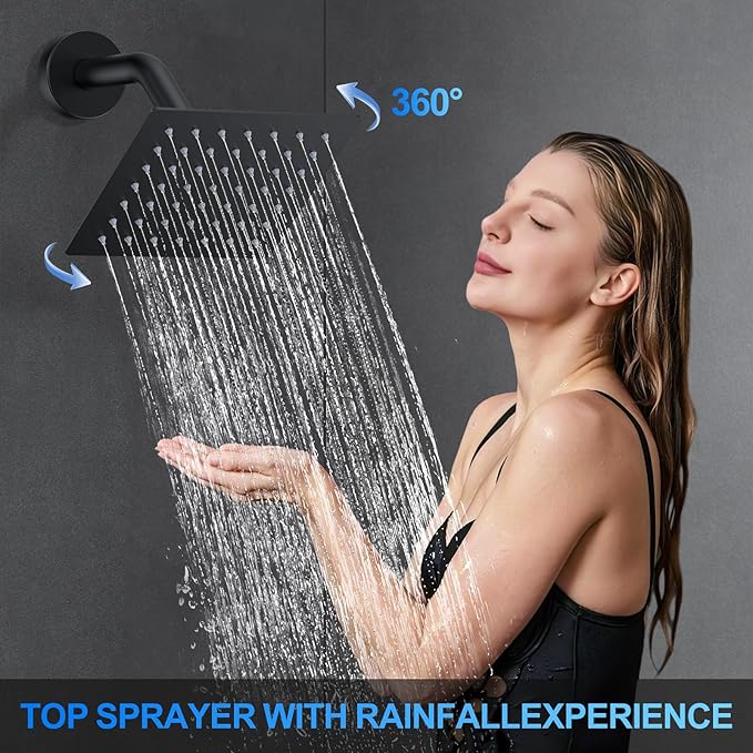 Shower Faucet Set, 10" Wall Mount Rainfall Shower System with 2 Rain Shower Head and Multi-function Handheld Head Push Button Diverter Shower Faucet Trim Kit Matte Black