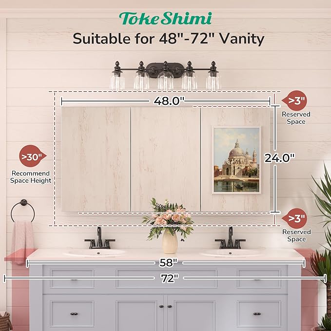 TokeShimi 48x24 Bathroom Medicine Cabinet with Mirror Tempered, Aluminum Black Mirrored Medicine Cabinet Recessed or Surface Mount with Adjustable Storage Metal for Modern Farmhouse