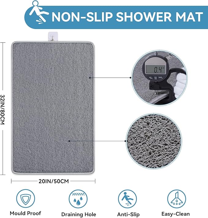Non Slip Shower Mat Bathtub Mat 20x32 Inch, Quick Dry Bath Mat with Drain, Soft PVC Imitation Loofah Foot Scrubber Bath Mats for Bathroom Tub Shower Floor, Hangable & Hook Included, Gray