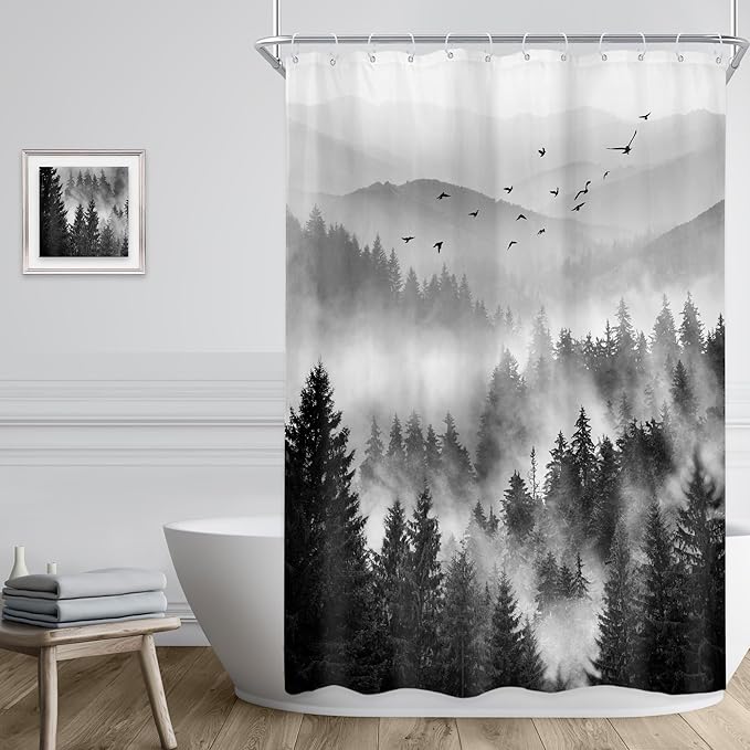 Riyidecor Black and White Shower Curtain 48Wx72H Inch,Stall Narrow Rv Small Nature Woods,Landscape Scenery Pine Tree Woodland Rustic Cool Mens Bathroom Decor Fabric Polyester Waterproof 12 Pack Hooks