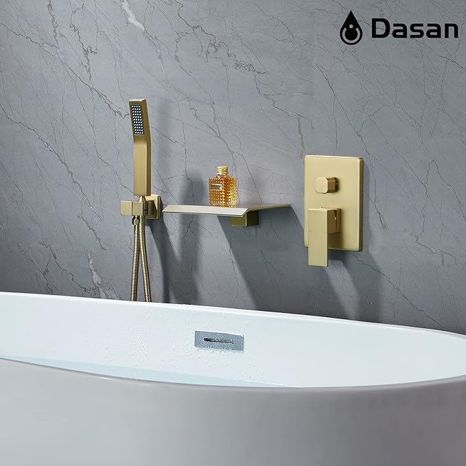 Upgraded Wall Mount Tub Filler Faucet with Handheld Shower, DASAN Modern Wall Mounted Bathtub Faucet Brushed Gold High Flow Waterfall Tub Faucet with Rough in Valve, SA-TF04WH-BG
