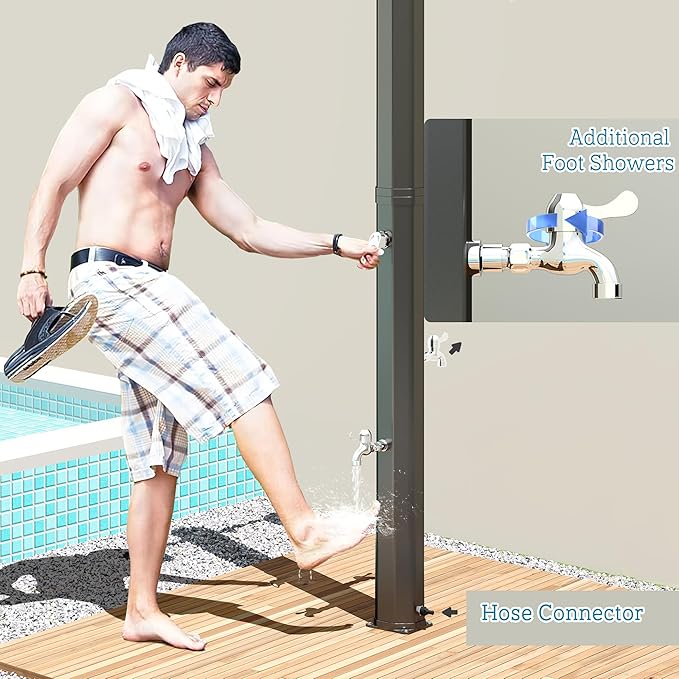 Outsunny 9.2 Gal Solar Heated Outdoor Shower, 7.1F 2-Section Outdoor Solar Shower with 2 Foot Showers, 2 360° Swivel Shower Heads & Temperature Adjustment for Backyard Poolside Beach Pool Spa