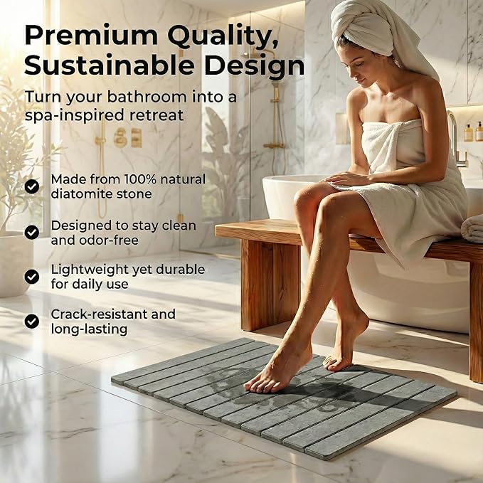 Stone Bath Mat | Extra Large 23.6 X 15.5 Foldable Diatomaceous Earth | Quick Drying Bath Mat | Non Slip Super Absorbent Bathroom Floor Mat | Fast Drying Water Absorbing Stone
