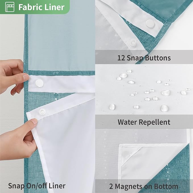 No Hook Long Shower Curtain Set with Snap-in Fabric Liner,Linen Textured Thick Striped Fabric with Tassels,Boho Farmhouse Rustic Luxury Bathroom Curtain,Water-Repellent,Teal,71x80