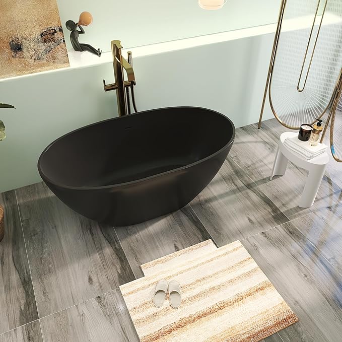 55" Premium Solid Surface Freestanding Bathtub, Upgraded Oval Stone Resin Tub with Overflow and Pop-up Drain, Matte Black