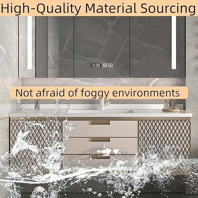 48IN Modern Bathroom Vanity - Wall-Mounted Bathroom Cabinet with LED Light | Intelligent Defogging Mirror Cabinet Includes Time Display Function, 2 Drawers & 2 Storage Cabinets (Style B)