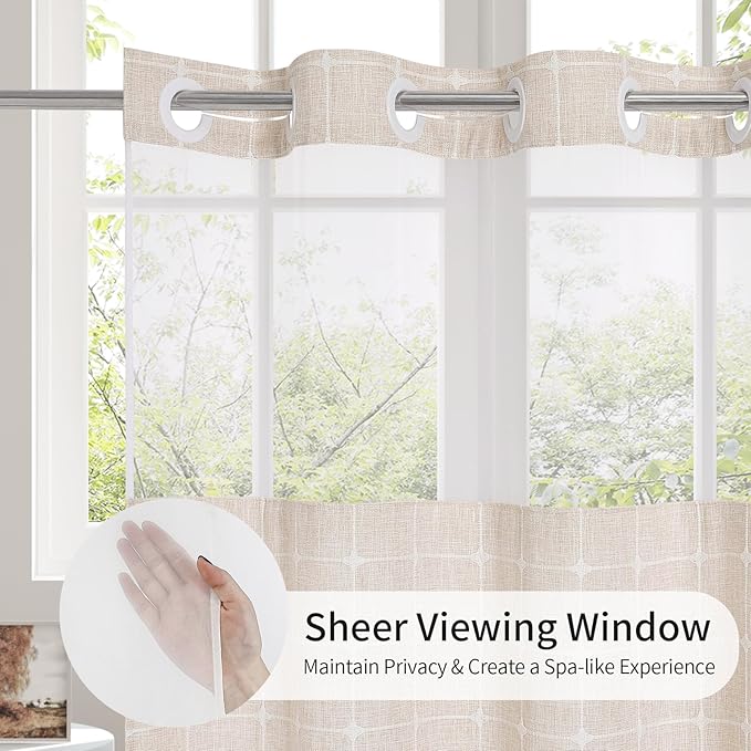 MitoVilla No Hooks Required Farmhouse Shower Curtain with Snap-in Liner - with Window & Magnets, Boho Cotton Linen Fabric Shower Curtains with Tassels for Rustic Bathroom Decor, Beige/Cream, 72 x 74