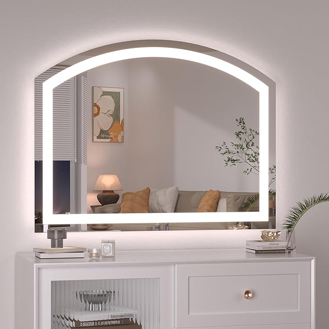 Hasipu 36" x 28" Arch LED Bathroom Mirror, Frontlit Wall-Mounted Vanity Mirror with Lights, Defogging, Smart Touch, Dimmable 3 Color Modes, Safety Shatterproof Glass Coating