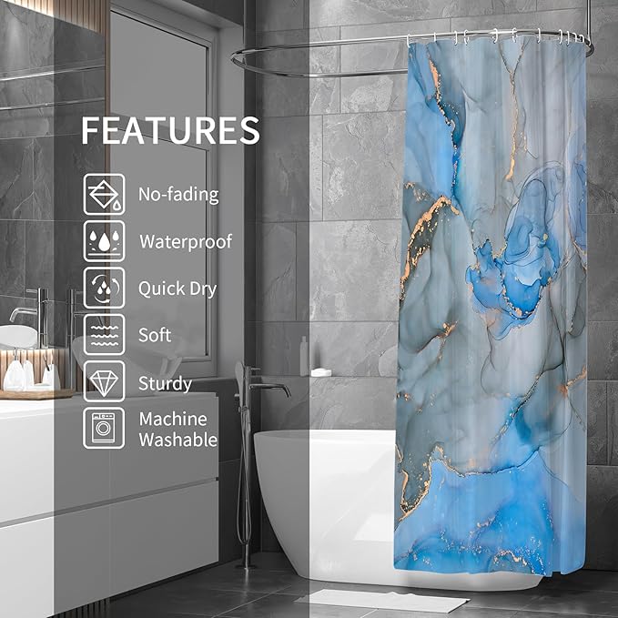 Gibelle Extra Long Shower Curtain 72 x 84, Tall Abstract Blue Grey Marble Shower Curtain, Modern Ink Art Waterproof Fabric Shower Curtain Set with Hooks