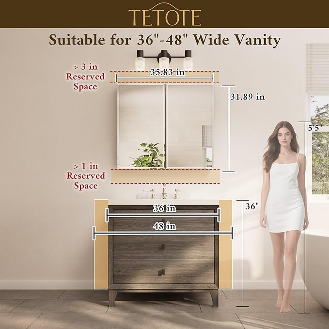 TETOTE 36 x 32 Medicine Cabinet with Tempered Beveled Mirror White Bathroom Mirror Cabinet Aluminum Cabinet DTC Hinges, Stepless Adjustable Shelves, Recessed/Surface-Mounted