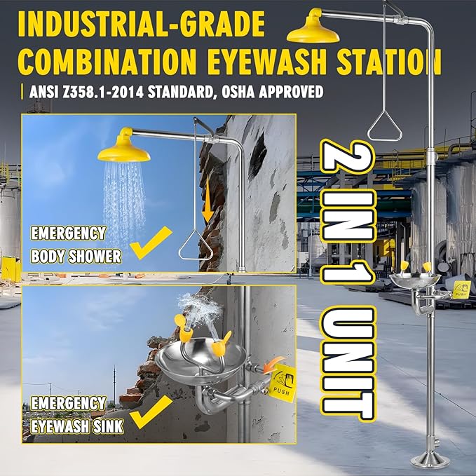 CGOLDENWALL Emergency Shower Eye Wash Station Safety Shower Station Eyewash Station, 304 Stainless Steel, NPT Threads, with Emergency Sign