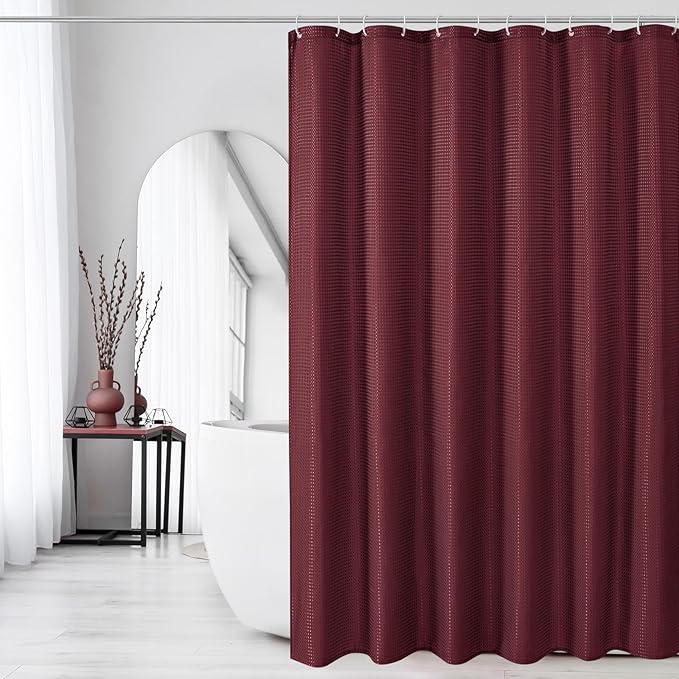 Gibelle Burgundy Red Shower Curtain, Waffle Weave Textured Fabric Shower Curtain for Bathroom - Soft Cloth & Hotel Spa Luxury, Water Repellent, Machine Washable, 72X72