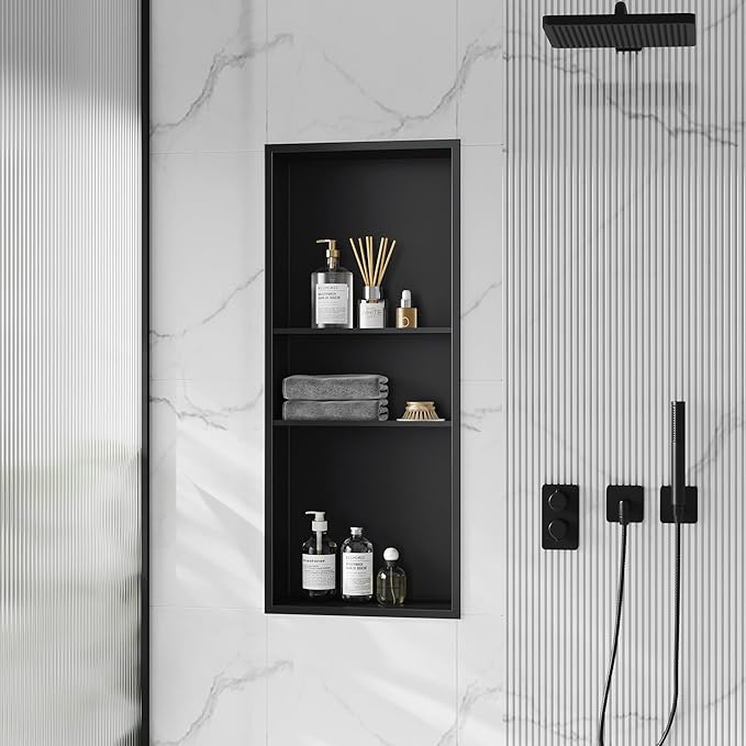 Neodrain 12X30 in Shower Niche, Matte Black 3 Layers Shower Shelf Stainless Steel Recessed Storage NO Tile Needed Recessed Niche Shower for Bathroom Storage