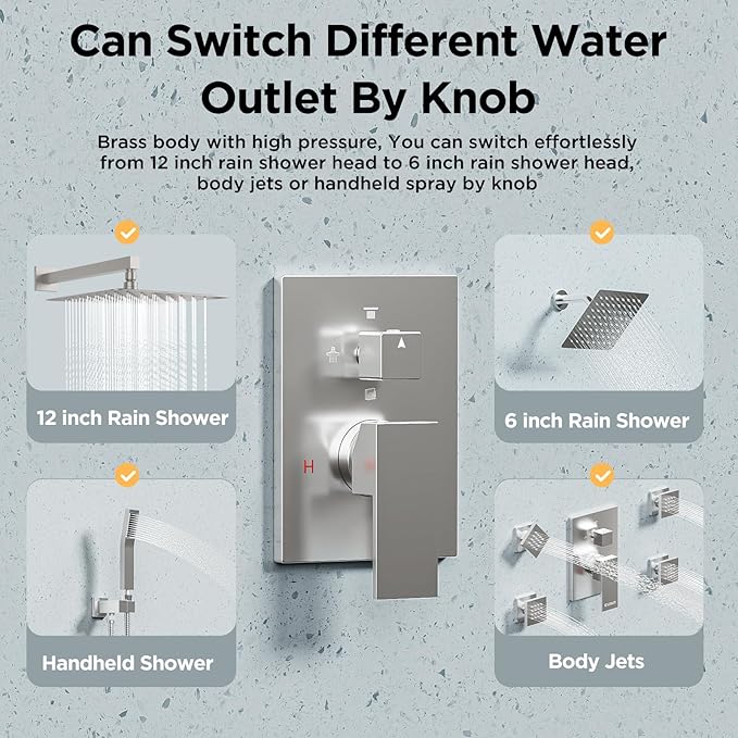 Shower Systems with 4 Body Spray Jets, STARBATH 4 Way 12+6" Rainfall Shower Head with Handheld Combo, Wall Mounted Shower Jets System in Wall Shower Faucet Sets Complete, Brushed Nickel