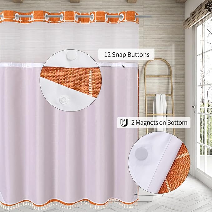 MitoVilla No Hooks Required Orange Shower Curtain with Snap-in Liner - with Window & Magnets, Boho Cotton Linen Fabric Shower Curtains with Tassels for Rustic Bathroom Decor, Burnt Orange, 72 x 74