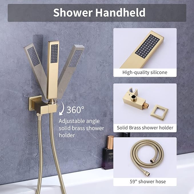 Taplong Wall Mount Tub Faucet with Waterfall Tub Spout Tub Faucet Set Wall Mounted Bathtub Faucet with Handheld Sprayer Brushed Gold Modern Bathroom Tub Filler Rough-In Valve Included-91266BG