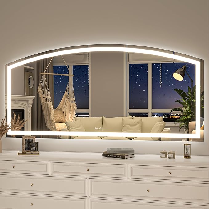 Hasipu 77" x 36" Arch LED Bathroom Mirror, Frontlit Wall-Mounted Vanity Mirror with Lights, Defogging, Smart Touch, Dimmable 3 Color Modes, Safety Shatterproof Glass Coating